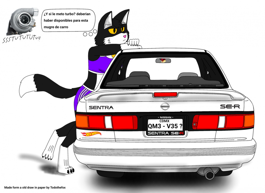 anthro black_body car clothing digital_drawing_(artwork) digital_media_(artwork) domestic_cat feet felid feline felis female fur hi_res hot_wheels ibispaintx mammal mattel nissan nissan_sentra outside pink_nose purple_clothing shelby_(todo_the_fox) simple_background solo spanish_text speech_bubble sportswear tail text thinking todo_the_fox translated turbocharger tuxedo_cat vehicle white_arms white_background white_body white_feet white_fur yellow_eyes