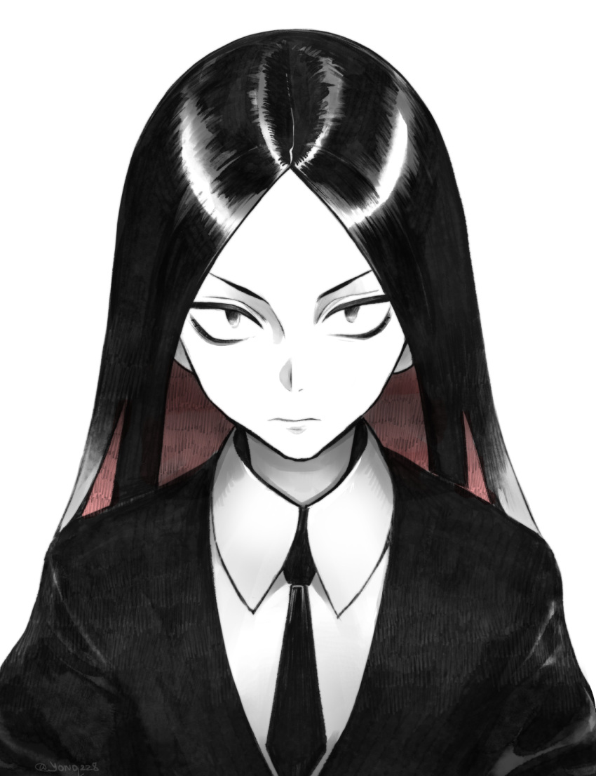 1other androgynous black_hair bort closed_mouth collared_shirt colored_inner_hair gem_uniform_(houseki_no_kuni) highres houseki_no_kuni jacket limited_palette long_hair looking_at_viewer multicolored_hair necktie other_focus parted_bangs red_hair shirt simple_background solo straight_hair streaked_hair tsurime upper_body yonq98