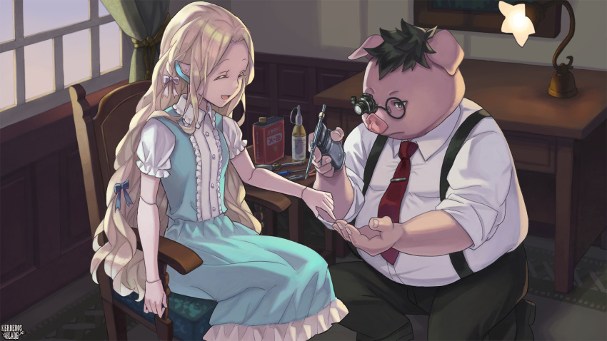 1boy 1girl :d black_hair black_pants blonde_hair blue_dress bow chair closed_eyes copyright_name desk doll_joints dress glasses hair_bow highres indoors joints kakire_kika kashiki_masahiko kerberos_blade lamp necktie oil_can on_one_knee pants pig pliers red_necktie shirt short_sleeves sitting smile suspenders tie_clip tsukioka_keru white_shirt window