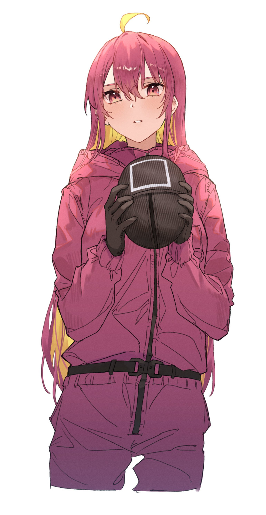 1girl :o absurdres ahoge black_gloves black_mask blonde_hair blush colored_inner_hair commentary cosplay cropped_legs gloves highres holding holding_mask hood hood_down jacket looking_at_viewer manager_(squid_game) manager_(squid_game)_(cosplay) mask mask_removed multicolored_hair original pants pink_clothes pink_hair pink_jacket pink_pants rectangle simple_background sketch solo squid_game symbol-only_commentary tsukino_(nakajimaseiki) two-tone_hair white_background