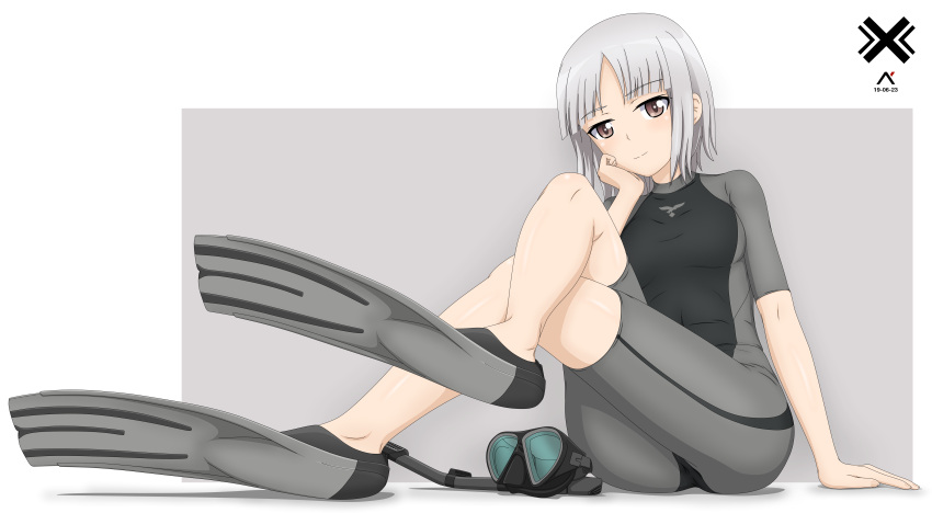 1girl absurdres acrux bodysuit brave_witches breasts brown_eyes covered_navel crossed_legs diving_mask diving_mask_removed diving_suit edytha_rossmann flippers foot_up full_body goggles grey_hair highres looking_at_viewer short_hair simple_background sitting skin_tight small_breasts snorkel solo springsuit strike_witches strike_witches:_aurora_no_majo strike_witches:_suomus_misfits_squadron thighs two-tone_bodysuit wetsuit world_witches_series