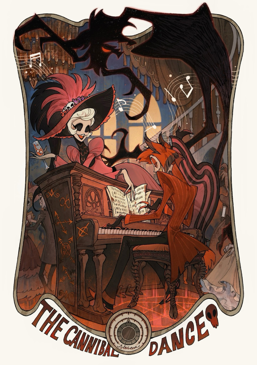 1girl alastor_(hazbin_hotel) demon demon_boy demon_girl dress hazbin_hotel highres instrument juanmao looking_at_another lying music on_stomach piano playing_instrument playing_piano red_dress red_hair rosie_(hazbin_hotel) suit white_hair