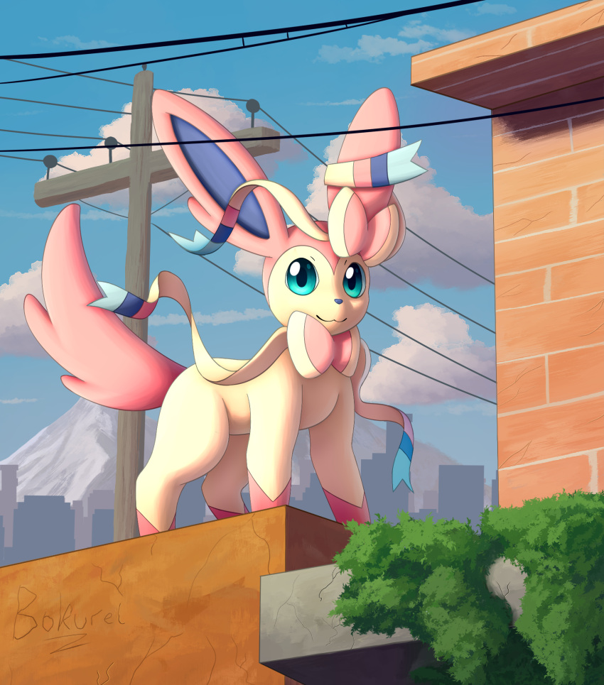 2023 :3 ambiguous_gender big_ears blue_eyes blue_nose blue_sky bokurei brick building city cloud cracks day detailed_background eeveelution feral full-length_portrait generation_6_pokemon hi_res leg_markings looking_at_viewer low-angle_view markings mountain nintendo outside pokemon pokemon_(species) portrait redraw ribbons_(anatomy) silhouette sky skyline skyscraper socks_(marking) solo sylveon utility_pole