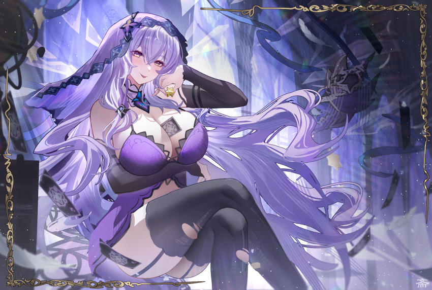 1girl absurdres bare_shoulders black_gloves black_swan_(honkai:_star_rail) breasts cleavage crossed_legs dress elbow_gloves gloves highres honkai:_star_rail honkai_(series) large_breasts long_hair looking_at_viewer purple_dress purple_eyes purple_gloves purple_hair sitting smile solo tansuan_(ensj3875) veil very_long_hair