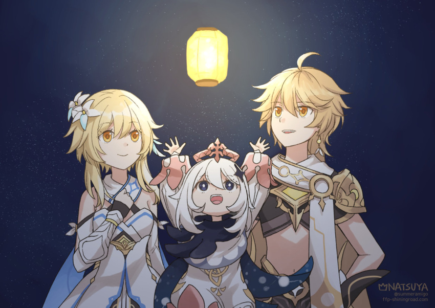 1boy 2girls :d aether_(genshin_impact) ahoge armor arms_up artist_name black_eyes black_scarf black_shirt blonde_hair breasts bright_pupils closed_mouth commentary_request crop_top detached_sleeves dress earrings flower genshin_impact gold_trim hair_between_eyes hair_flower hair_ornament jewelry lantern lily_(flower) long_hair lumine_(genshin_impact) medium_bangs midriff multiple_girls natsuya_(kuttuki) open_mouth paimon_(genshin_impact) pauldrons scarf shirt short_hair_with_long_locks short_sleeves shoulder_armor sidelocks single_earring single_pauldron sleeveless sleeveless_dress small_breasts smile teeth upper_body upper_teeth_only vambraces web_address white_armor white_dress white_flower white_pupils white_scarf white_sleeves yellow_eyes