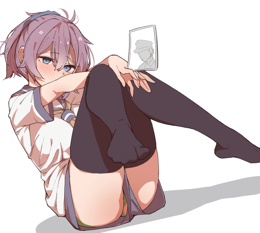 1girl absurdres aoba_(kancolle) black_thighhighs blue_eyes blue_sailor_collar blue_shorts blush green_panties hair_between_eyes hair_ornament hair_scrunchie highres holding kantai_collection looking_at_viewer no_shoes nose_blush panties pantyshot ponytail purple_hair sailor_collar school_uniform scrunchie serafuku shiawase_hougan short_shorts short_sleeves shorts simple_background sitting thighhighs underwear white_background