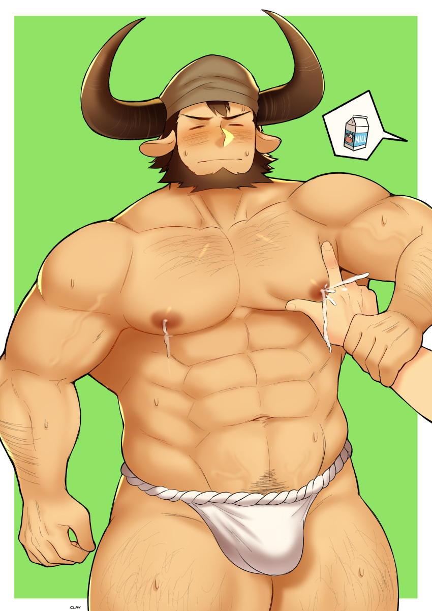 2boys abs absurdres animal_ears arm_hair bara beard blush bulge character_request check_character chest_hair cow_boy cow_ears cow_horns draph embarrassed facial_hair feet_out_of_frame fujimachine_(clayten) fundoshi gastalga grabbing granblue_fantasy guided_pectoral_grab highres horns japanese_clothes large_pectorals leg_hair male_focus male_lactation male_pubic_hair mature_male milk_carton multiple_boys muscular muscular_male navel navel_hair nipples pectoral_grab pectorals pubic_hair short_hair solo_focus stomach thick_thighs thighs topless_male underwear underwear_only yaoi