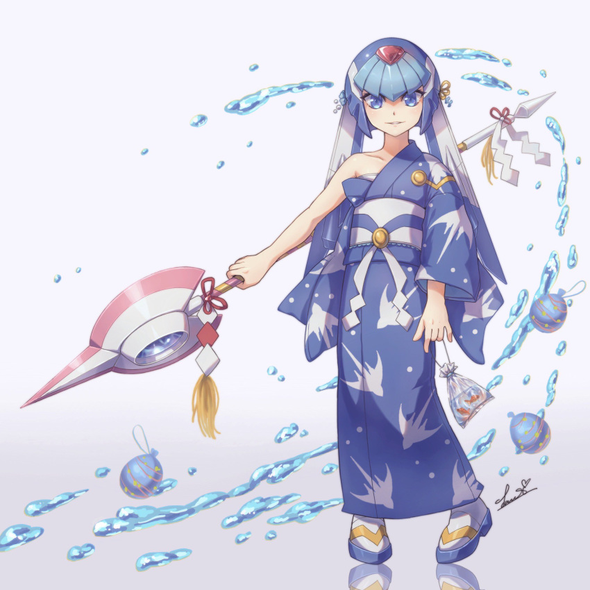 1girl bare_shoulders blue_eyes collarbone fairy_leviathan_(mega_man) fish halberd helmet highres holding holding_polearm holding_weapon japanese_clothes kimono looking_at_viewer mega_man_(series) mega_man_x_(series) mega_man_x_dive mega_man_zero_(series) off_shoulder official_alternate_costume polearm reflection sarashi simple_background suama-yuki water water_balloon weapon white_background