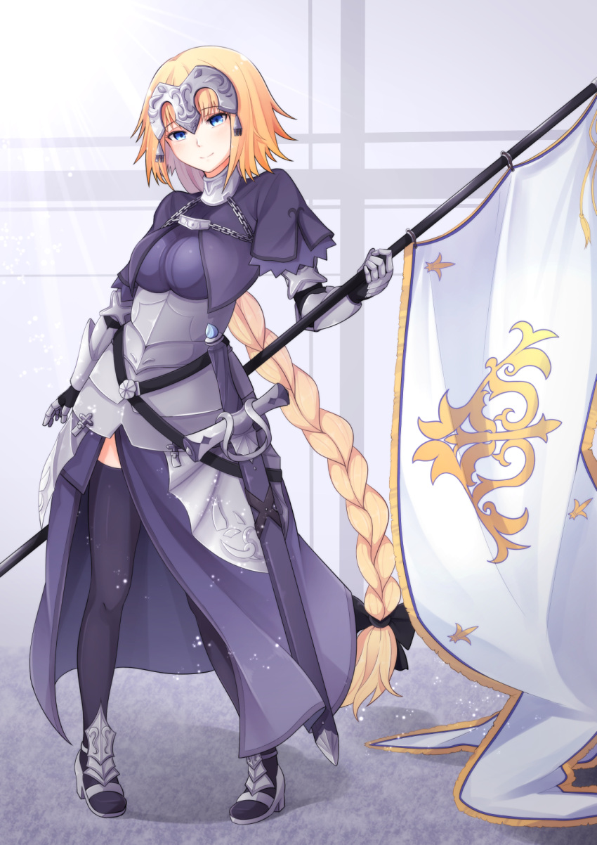 1girl archived_source armor armored_dress banner blonde_hair blue_dress blue_eyes blue_thighhighs braid breasts chain dress fate/apocrypha fate/grand_order fate_(series) flag fleur-de-lis gauntlets headpiece highres jeanne_d'arc_(fate) light_blush long_braid long_hair looking_at_viewer medium_breasts plackart sato_(r017xts117) scabbard sheath sheathed single_braid smile solo standard_bearer thighhighs very_long_hair