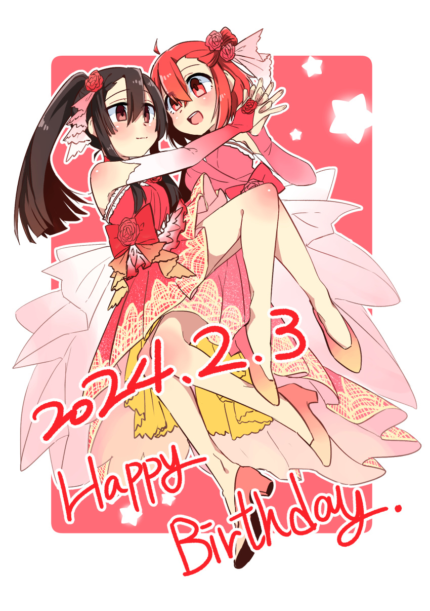 2024 2girls :d absurdres ahoge bare_shoulders black_hair blush bridal_gauntlets brown_eyes carrying closed_mouth dated dress elbow_gloves english_text flower full_body gloves hair_between_eyes hair_flower hair_ornament happy_birthday high_heels highres holding_hands koori_chikage long_hair looking_at_another multiple_girls nogi_wakaba_wa_yuusha_de_aru open_mouth outline pink_dress pink_footwear pink_gloves princess_carry red_dress red_eyes red_flower red_footwear red_hair red_rose rose shinshi_yuusha_x_ko short_hair side_ponytail sleeveless sleeveless_dress smile star_(symbol) strapless strapless_dress takashima_yuuna very_long_hair white_outline yuri yuusha_de_aru
