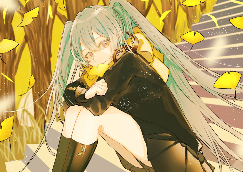 1girl aki_miku autumn bangs black_jacket black_legwear black_skirt bow brown_eyes closed_mouth commentary eyebrows_visible_through_hair feet_out_of_frame ginkgo_leaf green_hair hair_between_eyes hatsune_miku headphones headphones_around_neck highres jacket juu_ame pleated_skirt sitting sitting_on_stairs skirt smile socks solo stairs stone_stairs two_side_up vocaloid yellow_bow