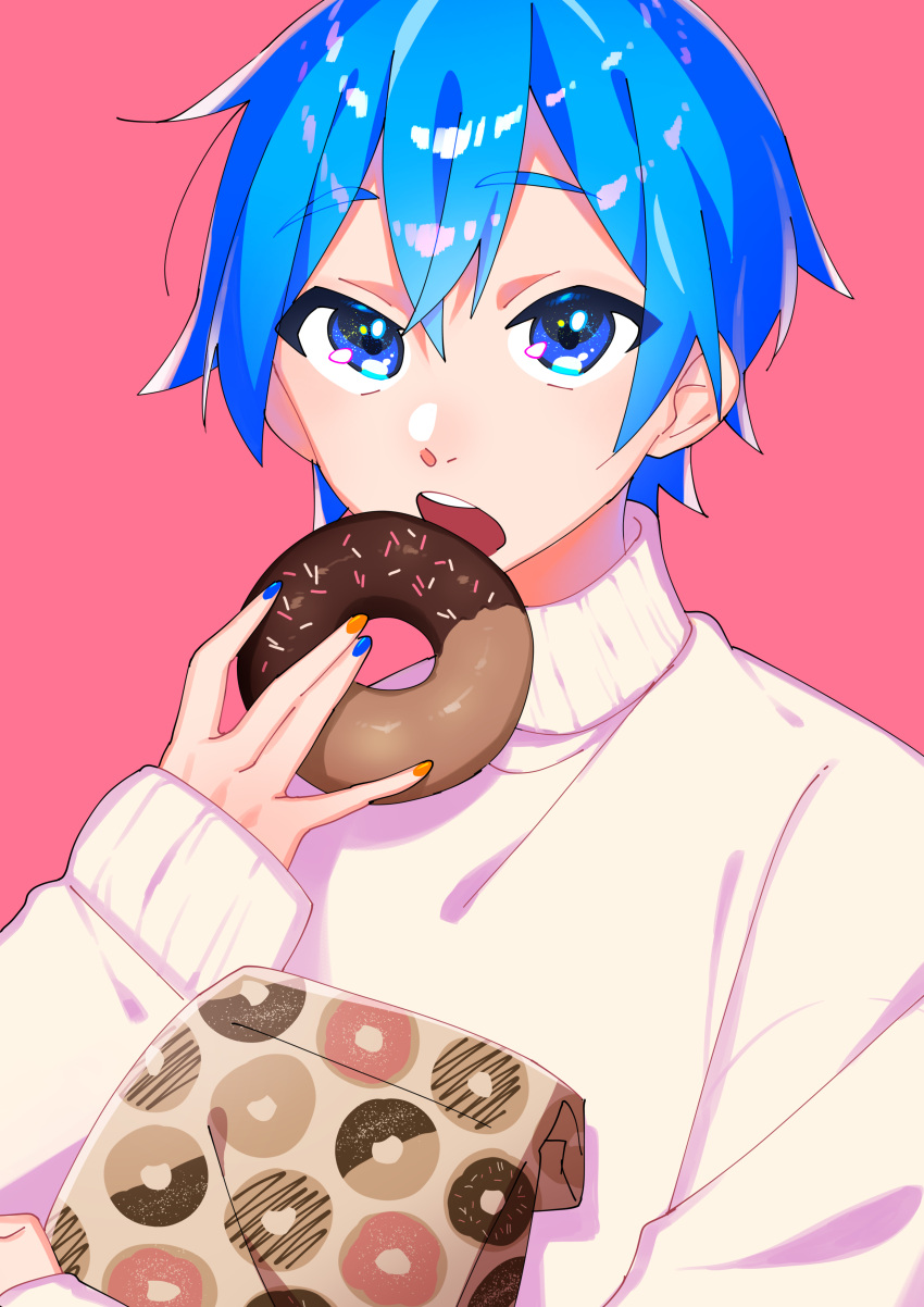 1boy absurdres bag blue_eyes blue_hair blue_nails chocolate_doughnut commentary_request doughnut eating food hair_between_eyes highres holding holding_doughnut holding_food kaito_(vocaloid) male_focus nail_polish open_mouth orange_nails paper_bag pink_background shio_ice short_hair simple_background sparkling_eyes sprinkles sweater turtleneck turtleneck_sweater upper_body vocaloid white_sweater