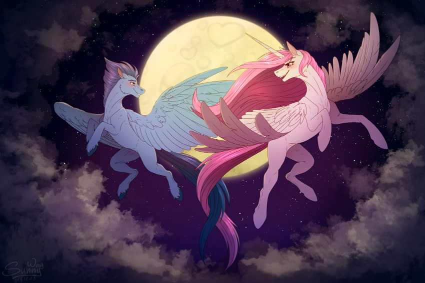 cloud digital_media_(artwork) duo equid equine feathers fell_in_love female feral finished_commission finishedcommission flying friendship_is_magic happy hasbro hi_res horn horse invalid_tag love male mammal moon my_little_pony mythological_creature mythological_equine mythology night pegasus pony romantic smile star sunny_way winged_unicorn wings