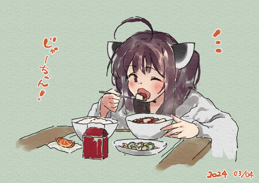 1girl ;o ahoge blush bowl brown_eyes brown_hair commentary_request dated food food_request green_background headgear holding holding_spoon japanese_clothes kimono lamb_(hitsujiniku) long_hair long_sleeves looking_at_viewer notice_lines one_eye_closed open_mouth plate simple_background solo spoon table touhoku_kiritan translation_request twintails voiceroid white_kimono wide_sleeves