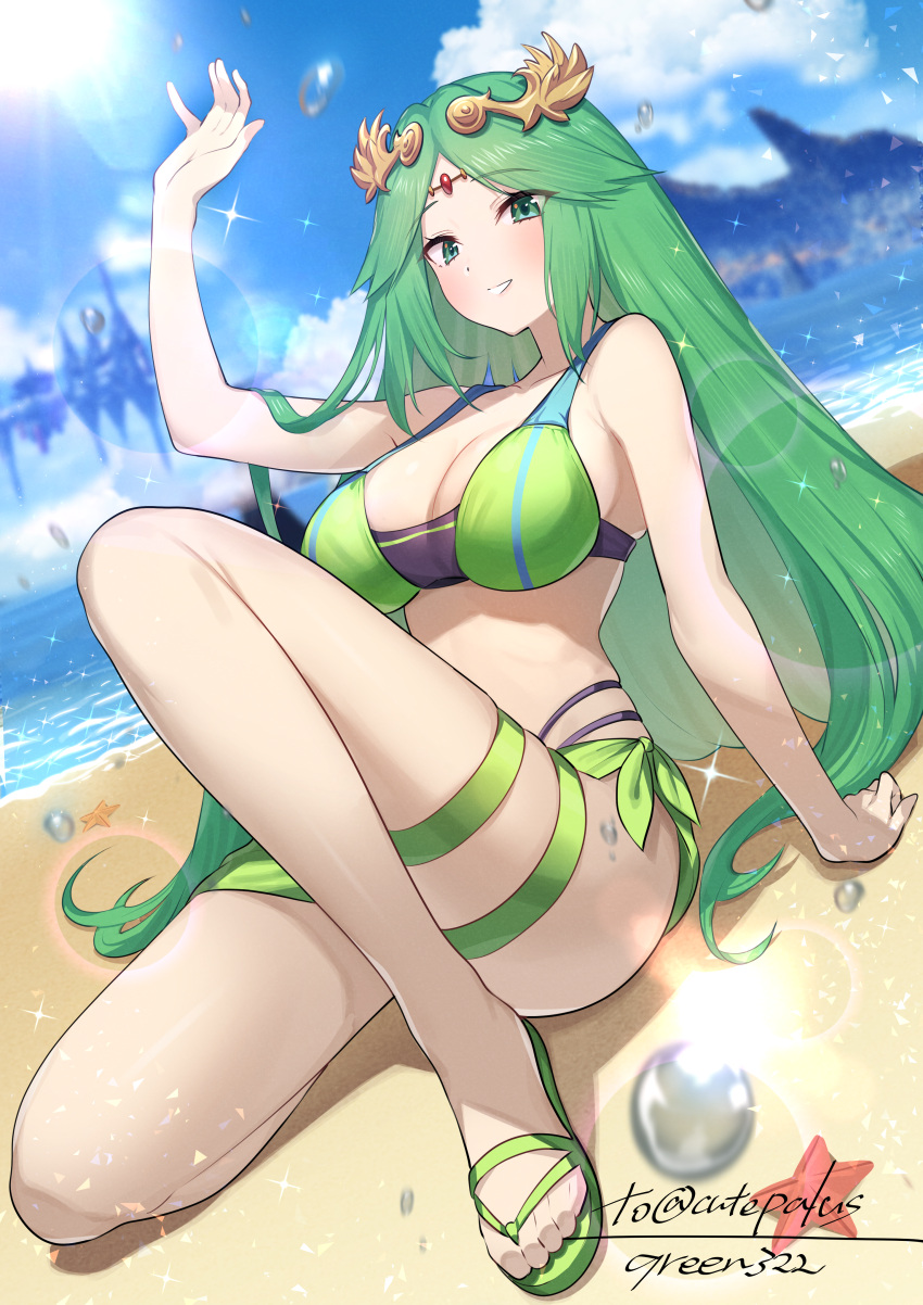 1girl absurdres arm_support arm_up artist_name beach bikini breasts commission commissioner_upload cosplay crossover dutch_angle eunie_(xenoblade) eunie_(xenoblade)_(cosplay) feet green322 green_bikini green_eyes green_hair green_sarong highres kid_icarus kid_icarus_uprising knee_up large_breasts legs long_hair looking_at_viewer outdoors palutena parted_bangs sandals sarong signature sitting skeb_commission smile solo swimsuit thigh_strap toes very_long_hair xenoblade_chronicles_(series) xenoblade_chronicles_3