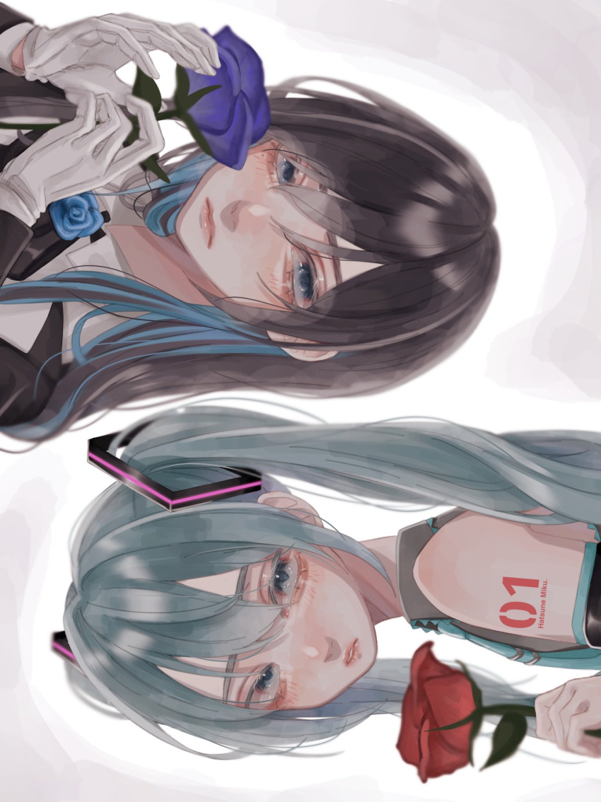 2girls ado_(utaite) aegyo_sal aqua_eyes aqua_hair arm_tattoo black_bow black_bowtie black_hair blue_eyes blue_flower blue_hair blue_rose blush bow bowtie chando_(ado) closed_mouth cloud_nine_inc colored_inner_hair commentary_request detached_sleeves flower flower_brooch gloves hair_between_eyes hatsune_miku highres holding holding_flower long_sleeves looking_at_viewer mole mole_under_eye multicolored_hair multiple_girls parted_lips red_flower red_rose rose sideways tattoo twintails upper_body utaite vocaloid white_background white_gloves yurosuke