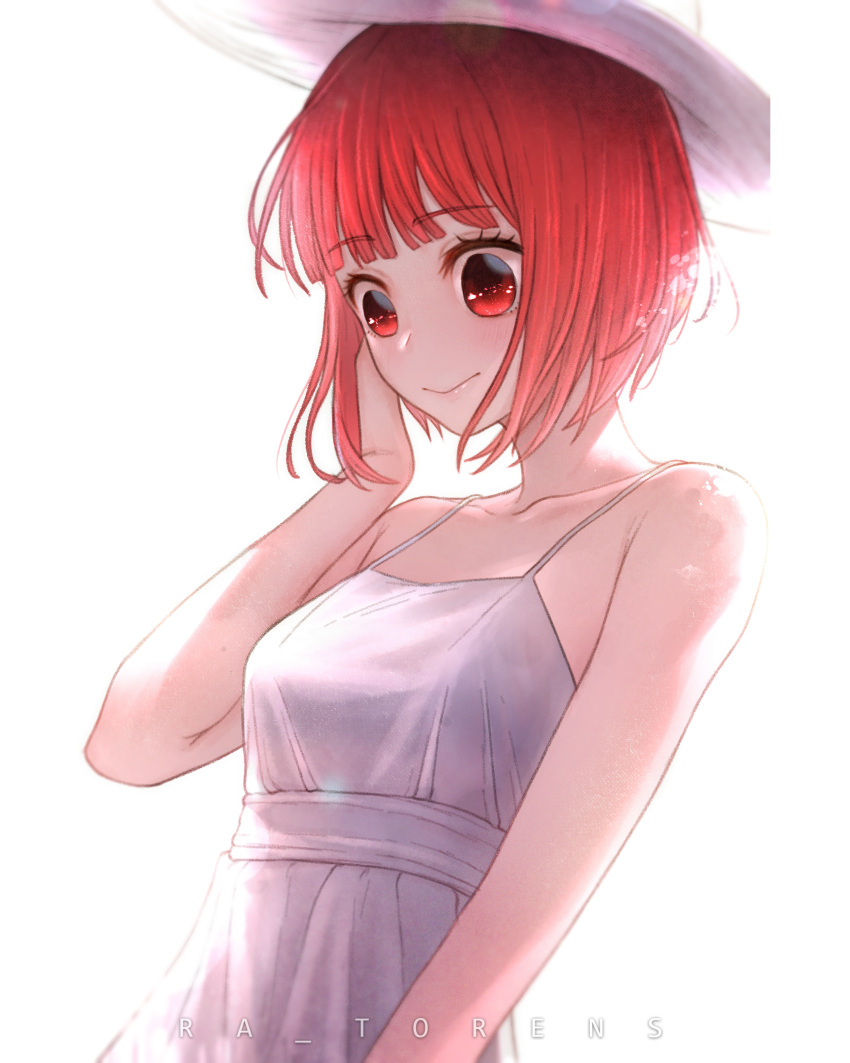 1girl absurdres adjusting_hair arima_kana artist_name bare_arms bare_shoulders blunt_bangs bob_cut breasts closed_mouth collarbone dress hat highres inverted_bob light_blush looking_afar looking_ahead looking_down loose_hair_strand oshi_no_ko ra_torens red_eyes red_hair romaji_commentary short_hair simple_background sleeveless sleeveless_dress small_breasts smile solo spaghetti_strap standing sun_hat sundress upper_body white_background white_dress white_headwear