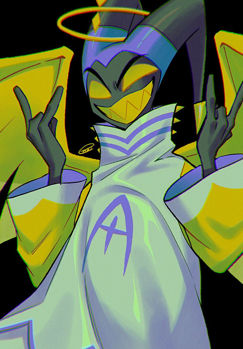 absurd_res adam_(hazbin_hotel) angel angel_humanoid clothed clothing devil_horns_(gesture) enaic31 gesture halo hand_gesture hazbin_hotel hi_res horn humanoid male not_furry sharp_teeth solo teeth wings