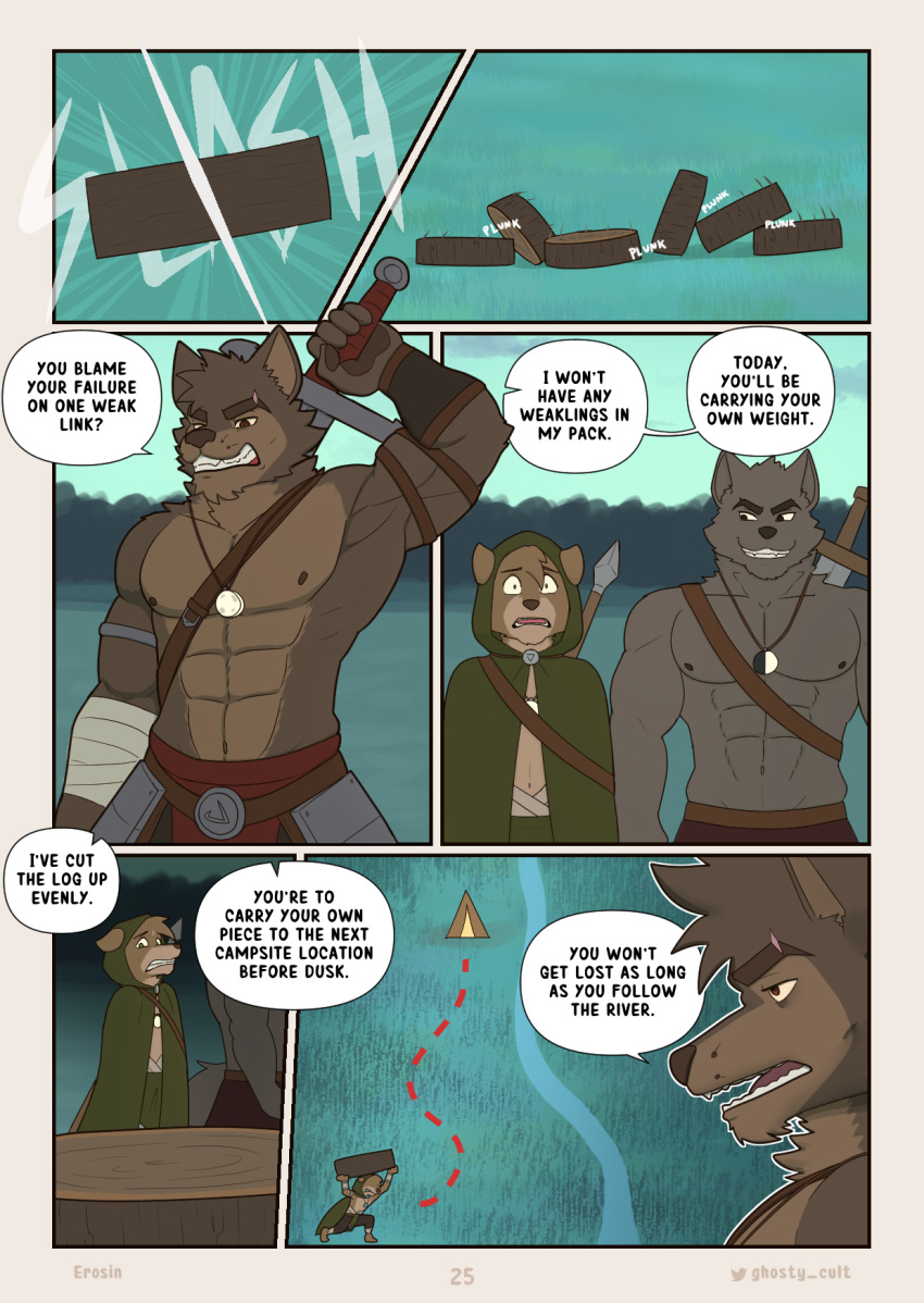 anthro canid canine canis erof_(far_beyond_the_world) ghosty_cult grass group hi_res log male male/male mammal melee_weapon pendant plant shirtless shirtless_anthro shirtless_male sliced sword talisin_(far_beyond_the_world) tent tree weapon wolf wood