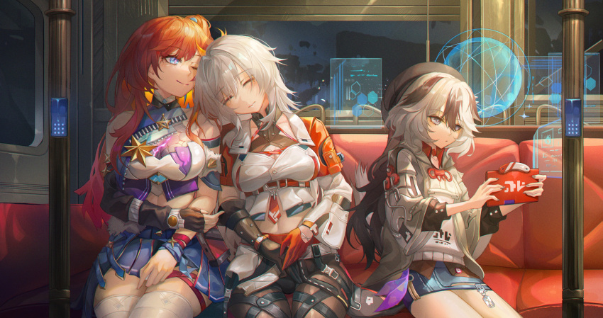 3girls absurdres bare_shoulders blue_eyes coralie_(honkai_impact) crop_top detached_sleeves fingerless_gloves gloves grey_eyes grey_hair head_on_another's_shoulder helia_(honkai_impact) highres holding holding_tablet_pc holographic_interface honkai_(series) honkai_impact_3rd looking_at_another looking_at_object multicolored_hair multiple_girls one_eye_closed red_hair second-party_source senadina_(honkai_impact) sitting smile tablet_pc thigh_strap turbulence two-tone_hair