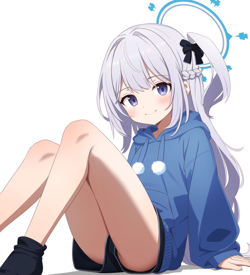 1girl ass black_shorts black_socks blue_archive blue_halo blue_hoodie blush braid closed_mouth grey_hair halo highres hood hood_down hoodie long_hair long_sleeves miyako_(blue_archive) mutsuse one_side_up purple_eyes shorts simple_background smile socks solo white_background