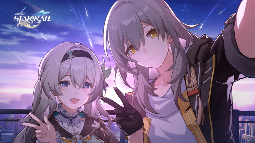 2girls black_hairband black_jacket blush cellphone firefly_(honkai:_star_rail) grey_hair hair_between_eyes hair_intakes hairband highres holding holding_phone honkai:_star_rail honkai_(series) jacket long_hair long_sleeves looking_at_viewer multiple_girls official_art open_mouth phone selfie shirt smartphone smile solo stelle_(honkai:_star_rail) taking_picture trailblazer_(honkai:_star_rail) v white_shirt yellow_eyes