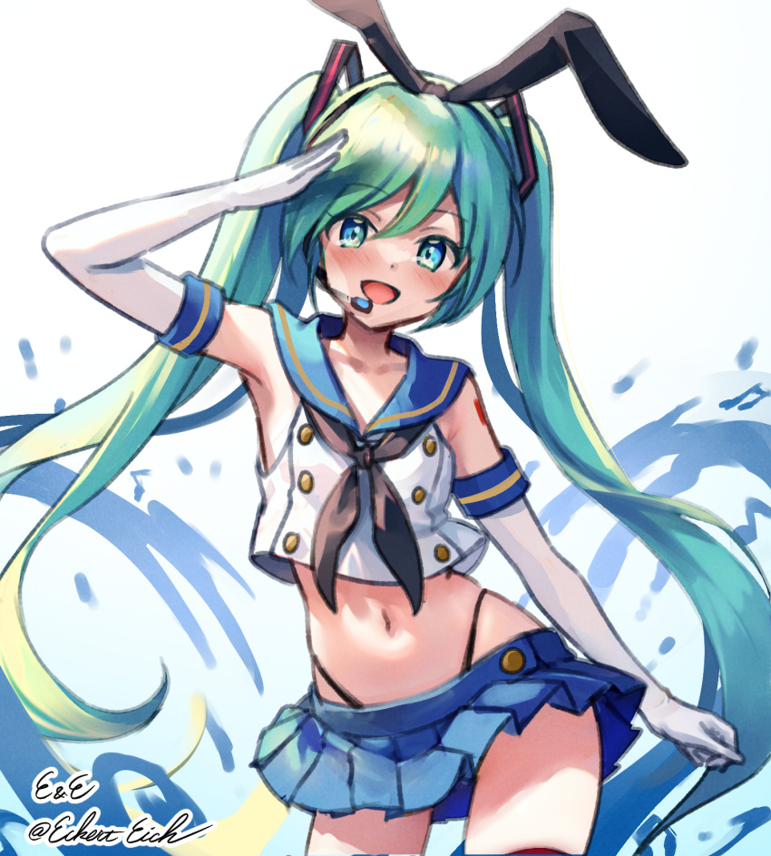 1girl aqua_eyes aqua_hair black_hairband black_neckerchief black_panties blue_sailor_collar blue_skirt commentary_request cosplay crop_top eckert&amp;eich elbow_gloves gloves hairband hatsune_miku headset highleg highleg_panties highres kantai_collection microphone microskirt miku_day miniskirt neckerchief panties pleated_skirt sailor_collar salute shimakaze_(kancolle) shimakaze_(kancolle)_(cosplay) shirt simple_background skirt sleeveless sleeveless_shirt smile solo thighhighs twintails underwear vocaloid white_background white_gloves