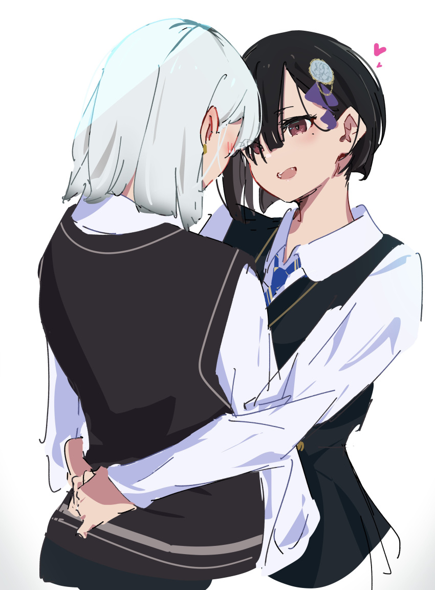 2girls absurdres asymmetrical_hair atenaba black_hair black_sweater_vest blue_necktie bob_cut collared_shirt commentary_request dress_shirt hair_behind_ear hair_ornament heart highres hug long_sleeves mole mole_under_eye multiple_girls necktie open_mouth original red_eyes school_uniform shirt simple_background sweater_vest teeth upper_teeth_only white_background white_hair white_shirt yuri