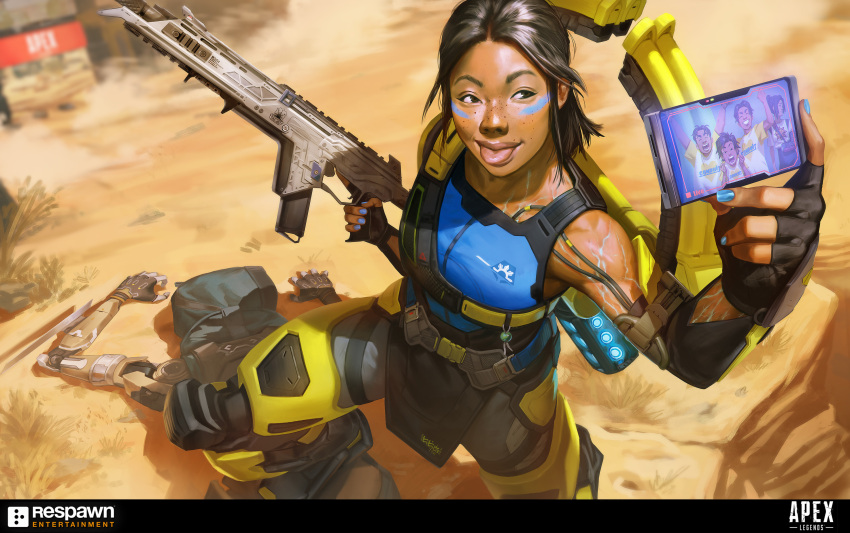 2girls absurdres apex_legends ash_(titanfall_2) asian assault_rifle black_gloves black_hair blue_nails blue_shirt brown_hair conduit_(apex_legends) copyright_name cristina_lavina_ferez dark-skinned_female dark_skin english_commentary fingerless_gloves freckles gloves glowing grey_pants gun highres hood hood_up kings_canyon logo mechanical_legs medium_hair multiple_girls official_art pants r-301_carbine realistic respawn_entertainment rifle selfie shirt simulacrum_(titanfall) stepped_on toned tongue tongue_out trigger_discipline video_call weapon