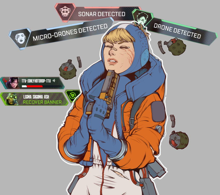 1girl apex_legends b3_wingman bloodhound_(apex_legends) blue_bodysuit blush bodysuit cable closed_eyes crypto_(apex_legends) english_commentary explosive gameplay_mechanics grenade gun gun_to_head handgun highres hood hood_down hood_up hooded_bodysuit hooded_jacket imminent_suicide jacket octane_(apex_legends) parted_lips revolver scar scar_on_cheek scar_on_face seer_(apex_legends) solo tmact wattson_(apex_legends) weapon white_bodysuit wraith_(apex_legends)