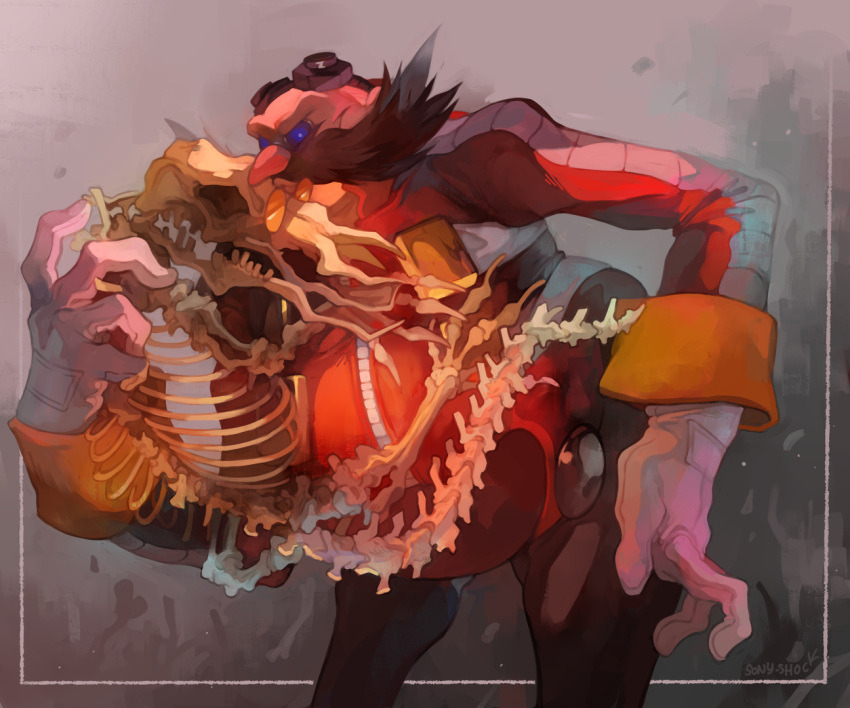 2boys animal_skeleton bald death dr._starline facial_hair horror_(theme) jacket kiss kissing_forehead multiple_boys mustache platypus platypus_skeleton red_jacket skeleton sonic_(series) sony-shock