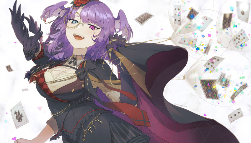 1girl balloon black_cape black_jacket blue_eyes breasts cape card cleavage darkgreyclouds ember_(selen_tatsuki) fangs head_wings heterochromia jacket key large_breasts long_hair looking_at_viewer monocle nijisanji nijisanji_en open_mouth playing_card purple_eyes purple_hair selen_tatsuki selen_tatsuki_(4th_costume) simple_background smile solo upper_body virtual_youtuber white_background wings