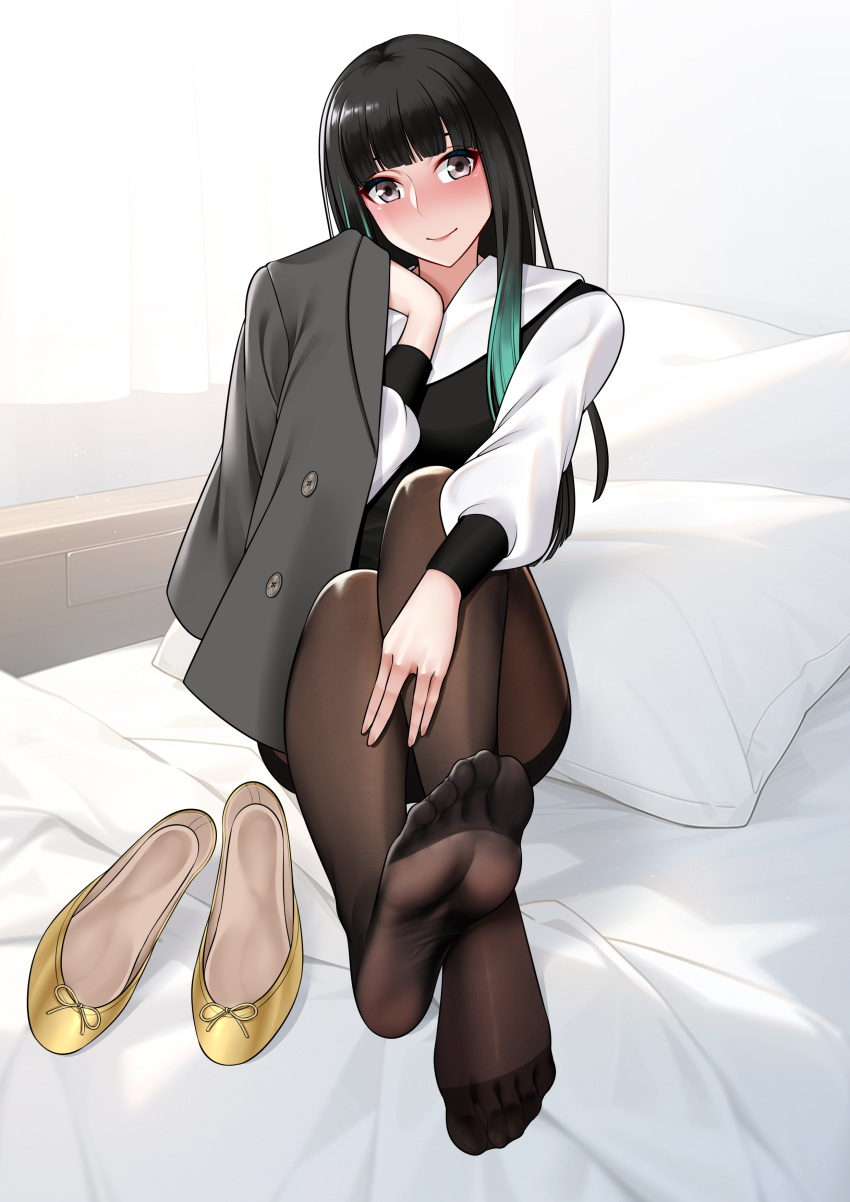 1girl absurdres black_hair black_pantyhose black_vest blush brown_eyes closed_mouth commission feet flats foot_focus footprints full_body greek_toe green_hair grey_jacket hand_on_own_leg hand_up highres holding holding_clothes indoors jacket legs long_hair long_sleeves looking_at_viewer multicolored_hair no_shoes oirin on_bed original pantyhose pillow pixiv_commission presenting_foot puffy_long_sleeves puffy_sleeves shoes sitting smile soles streaked_hair toes unworn_jacket unworn_shoes vest white_vest yellow_footwear