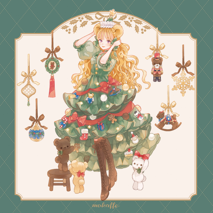 1girl animal_ears artist_name blonde_hair boots border bow box brown_footwear buttons christmas christmas_ornaments christmas_stocking cross-laced_footwear dress dress_bow food frilled_dress frills full_body gift gift_box green_border green_bow green_dress hat highres horns knee_boots lace-up_boots layered_dress long_hair looking_at_viewer merry_christmas mokaffe original pom_pom_(clothes) puffy_short_sleeves puffy_sleeves purple_eyes red_bow ribbon sheep_horns short_sleeves signature smile solo standing stuffed_animal stuffed_toy teddy_bear very_long_hair wavy_hair