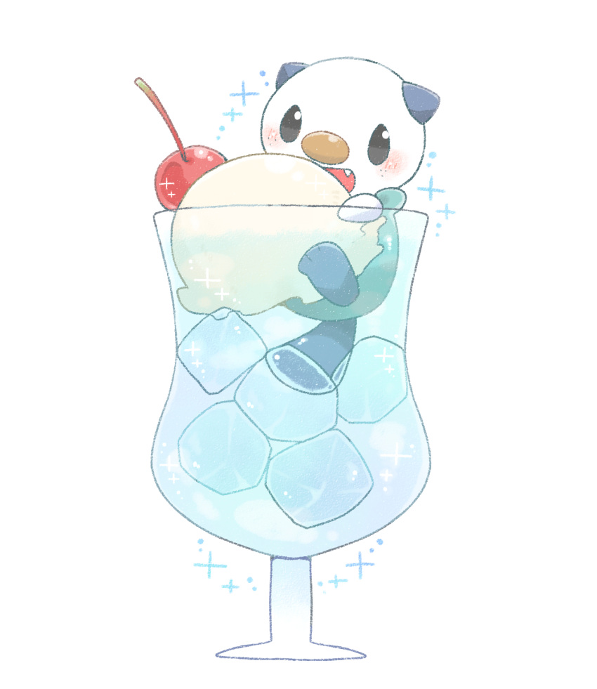 :d blush cherry commentary_request fang food fruit glass happy highres ice ice_cube no_humans open_mouth oshawott pokemon pokemon_(creature) reio smile solo white_background