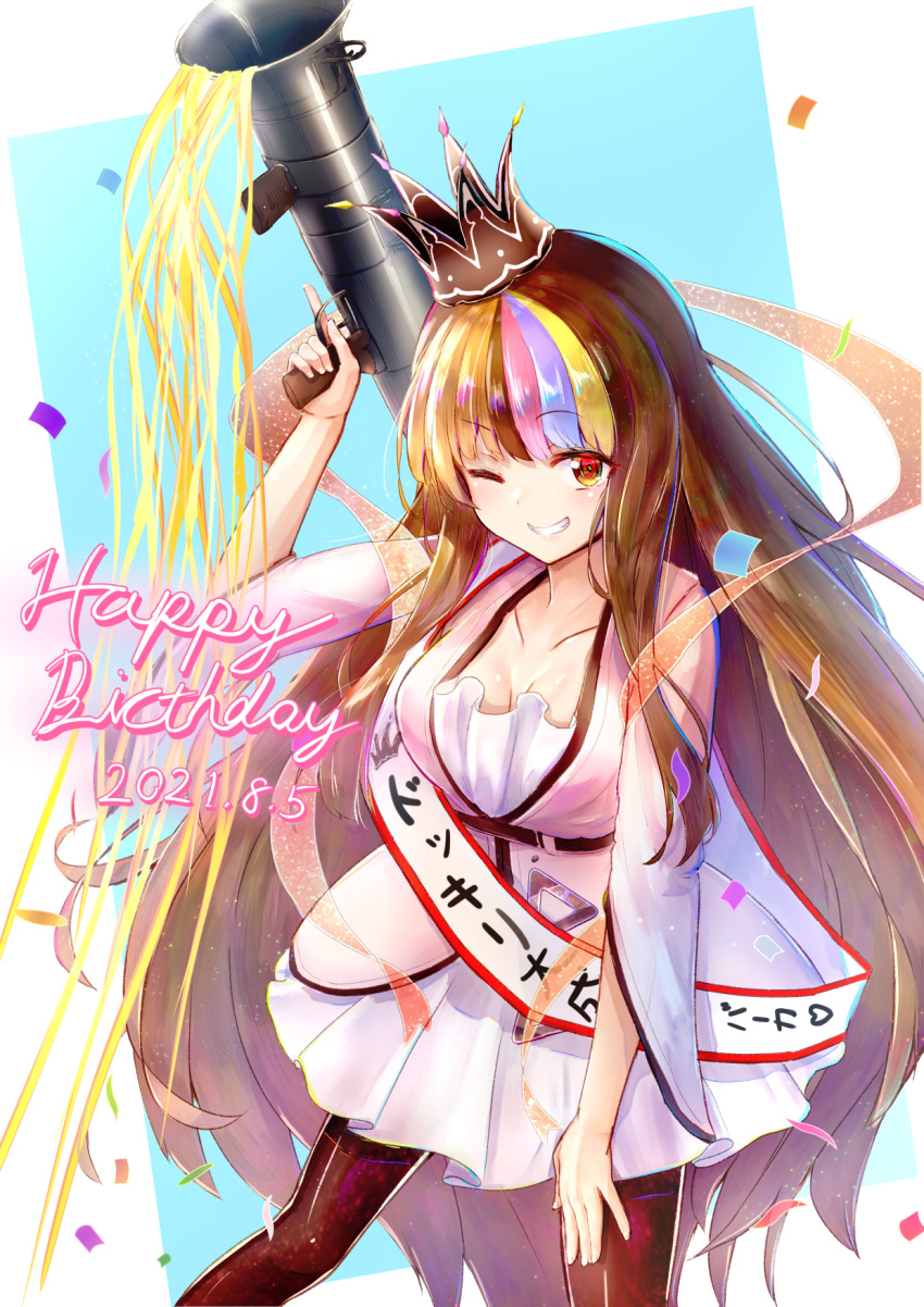 1girl breasts brown_eyes collarbone commentary confetti cowboy_shot crown dated dress galaco grin gun hand_on_thigh hand_up happy_birthday highres holding holding_gun holding_weapon long_hair looking_at_viewer lukky_clover medium_breasts multicolored_hair one_eye_closed pink_dress pleated_dress rocket_launcher sash shoulder_sash smile solo standing streaked_hair streamers translated very_long_hair vocaloid weapon
