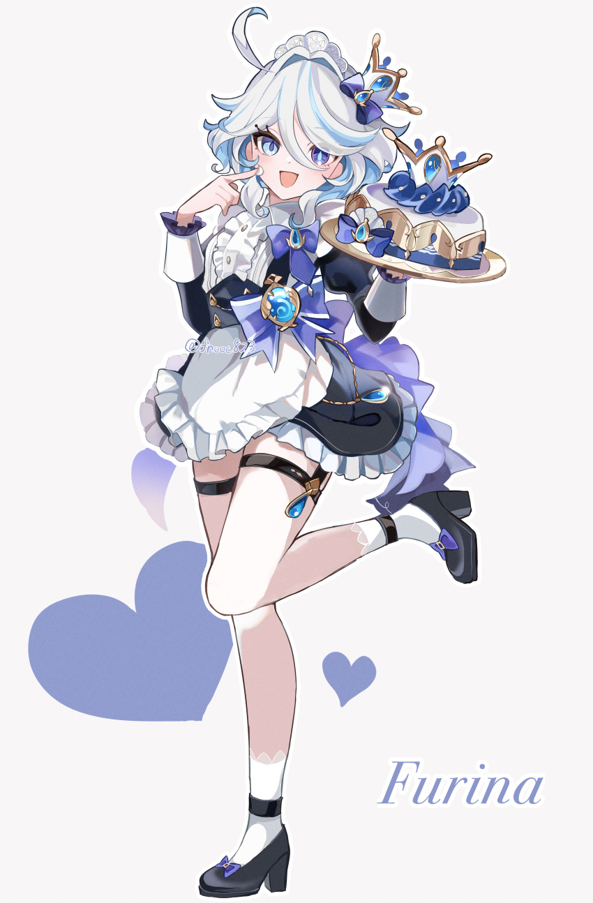 1girl absurdres ahoge alternate_costume apron black_dress black_footwear blue_eyes blue_hair cake chaena_(exmd3552) character_name crown dress drop-shaped_pupils enmaided food full_body furina_(genshin_impact) genshin_impact hair_between_eyes heart heterochromia high_heels highres holding holding_plate light_blue_hair long_hair long_sleeves looking_at_viewer maid maid_apron maid_headdress mini_crown mismatched_pupils open_mouth plate simple_background smile socks standing standing_on_one_leg symbol-shaped_pupils thigh_strap vision_(genshin_impact) white_apron white_background white_socks