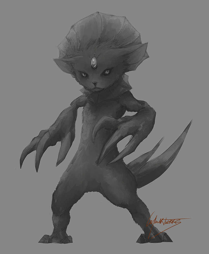 2018 ambiguous_anthro ambiguous_gender anthro caymartworks claw_fingers featureless_crotch forehead_gem frill_(anatomy) front_view full-length_portrait fur gem generation_4_pokemon glare grey_background greyscale head_crest head_frill hi_res looking_at_viewer monochrome nintendo pokemon pokemon_(species) portrait pose realistic simple_background standing weavile