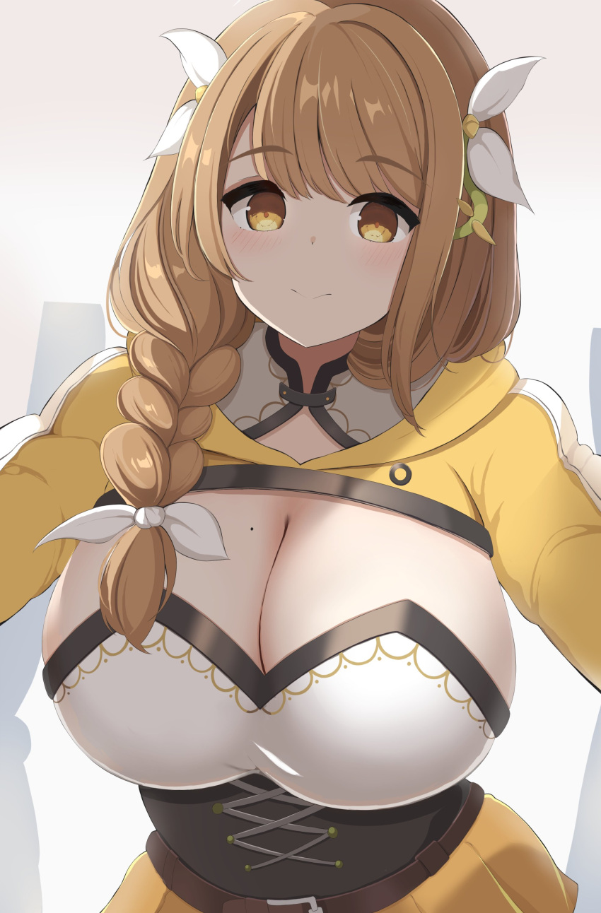 1girl absurdres black_corset braid braided_ponytail breast_focus breasts corset fire_emblem fire_emblem_engage goldmary_(fire_emblem) highres hooded_top kocha_(jgug7553) low_ponytail mole mole_on_breast ribbon single_shoulder_pad skirt white_ribbon yellow_skirt