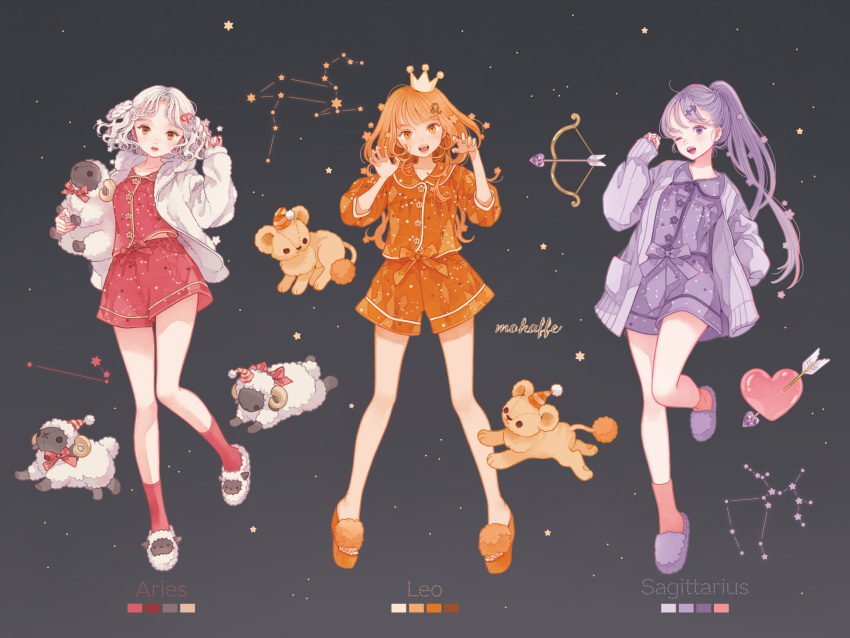 3girls :d animal_slippers aries_(constellation) aries_(zodiac) black_background bow braid brown_eyes brown_hair buttons claw_pose color_guide constellation english_text full_body hair_ornament heart highres hood jacket leo_(constellation) leo_(zodiac) long_hair long_sleeves looking_at_viewer mokaffe multiple_girls open_clothes open_jacket open_mouth orange_eyes orange_hair orange_shirt orange_shorts original pajamas polka_dot ponytail purple_eyes purple_footwear purple_hair purple_shirt purple_shorts purple_socks red_shirt red_socks sagittarius_(constellation) sagittarius_(zodiac) sheep shirt short_hair shorts sleeves_past_wrists slippers smile socks standing star_(symbol) stuffed_animal stuffed_toy white_hair white_jacket zodiac