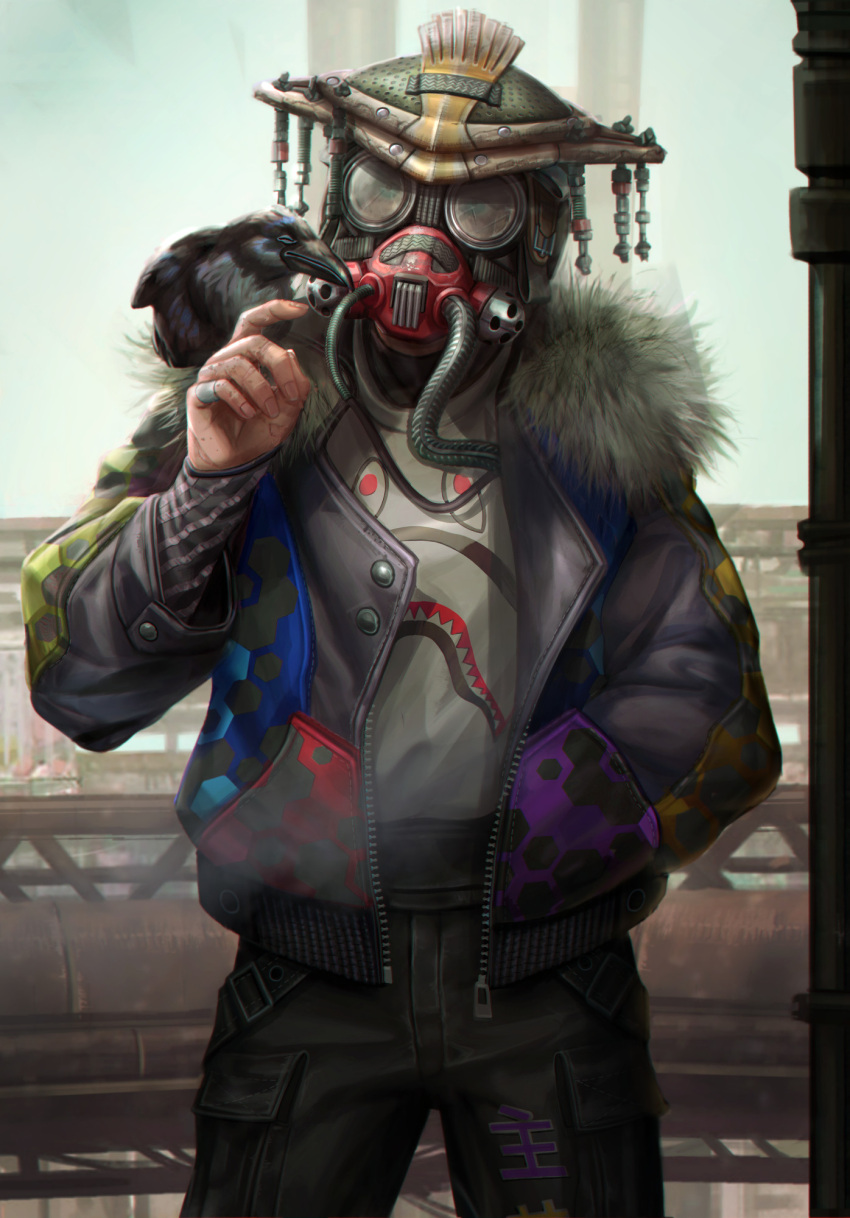 1other a_bathing_ape ambiguous_gender animal_on_shoulder apex_legends bird bird_on_shoulder black_jacket black_pants bloodhound_(apex_legends) blue_eyes crow eleonora_lisi english_commentary fur-trimmed_jacket fur_trim goggles grey_shirt helmet highres jacket leather leather_jacket looking_up pants print_shirt rebreather shirt