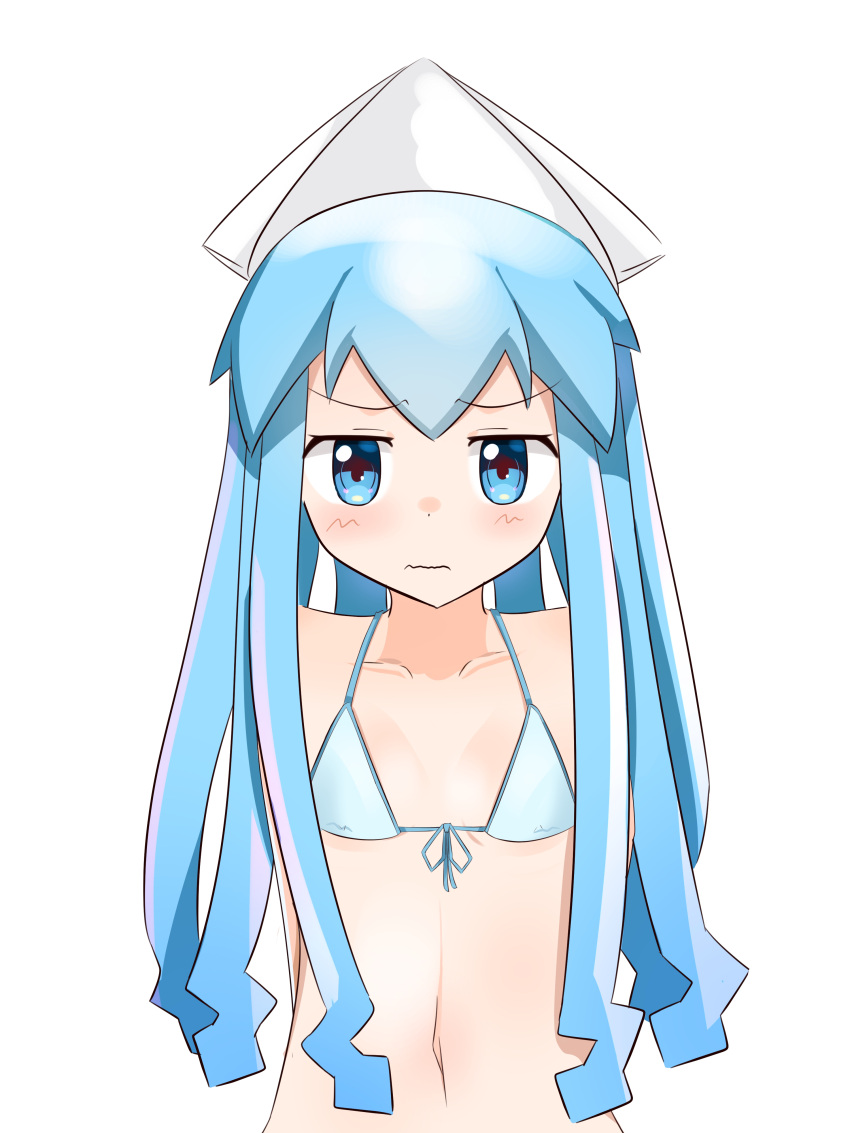 1girl absurdres aqua_eyes aqua_hair azuazu_notai bikini black_bikini blue_hair blush breasts embarrassed hat highres ikamusume long_hair looking_at_viewer shinryaku!_ikamusume simple_background small_breasts solo swimsuit white_bikini white_headwear