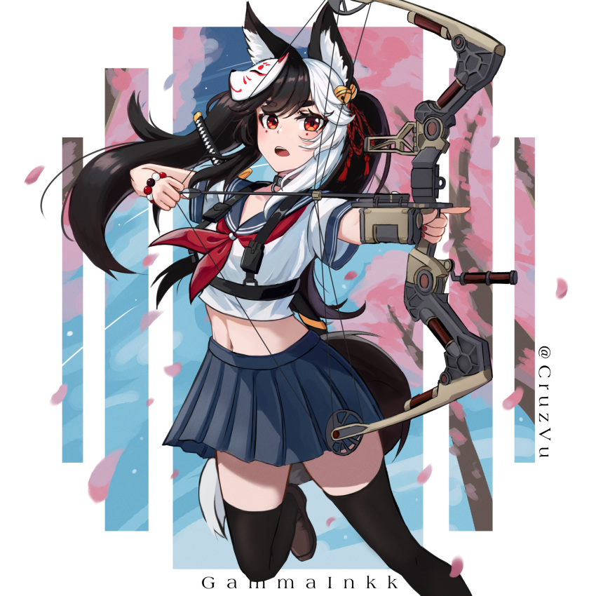 1girl animal_ear_fluff animal_ears apex_legends arrow_(projectile) artist_name bead_bracelet beads black_thighhighs blue_sailor_collar blue_skirt bocek_compound_bow bow_(weapon) bracelet brown_footwear character_name cherry_blossoms cruzvu drawing_bow english_commentary floating_hair fox_ears fox_girl fox_mask fox_tail gammainkk highres holding holding_bow_(weapon) holding_weapon indie_virtual_youtuber jewelry katana long_hair mask mask_on_head midriff multicolored_hair navel neckerchief petals pleated_skirt red_neckerchief sailor_collar school_uniform serafuku shirt skirt solo streaked_hair sword tail thighhighs twintails virtual_youtuber weapon weapon_on_back white_shirt