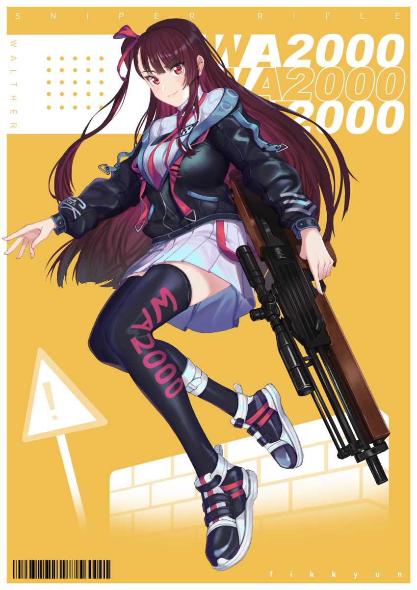 1girl absurdres barcode black_jacket black_legwear blush breasts bullpup character_name closed_mouth commentary english_commentary eyebrows_visible_through_hair fikkyun girls'_frontline gun hair_ribbon highres holding holding_weapon jacket jumping lips long_hair looking_at_viewer medium_breasts purple_eyes purple_hair ribbon rifle shirt shoes side_ponytail simple_background skirt smile sneakers sniper_rifle solo thighhighs wa2000_(girls'_frontline) walther walther_wa_2000 weapon white_shirt white_skirt