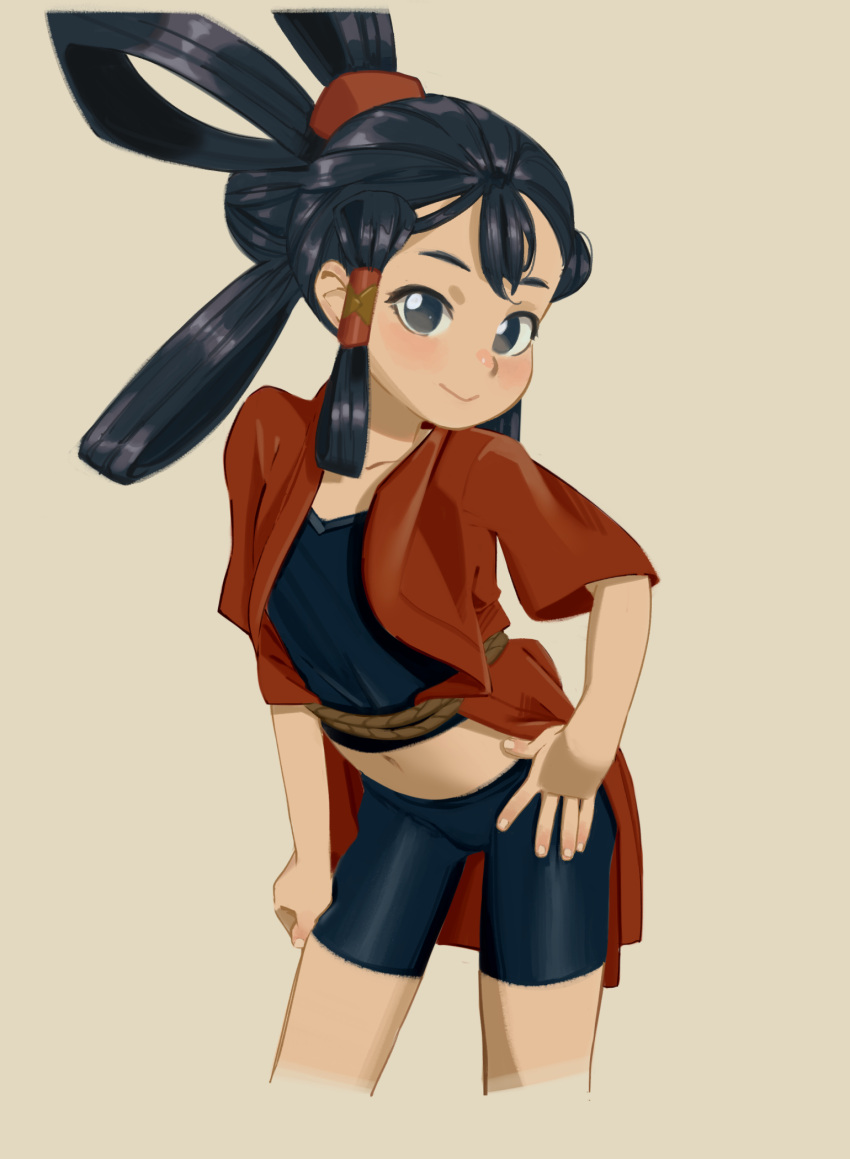 1girl bike_shorts black_eyes black_hair blush crop_top cropped_legs flat_chest gizmos hair_rings highres japanese_clothes kimono long_hair mizura navel non-web_source open_clothes open_kimono red_kimono sakuna-hime smile solo tensui_no_sakuna-hime