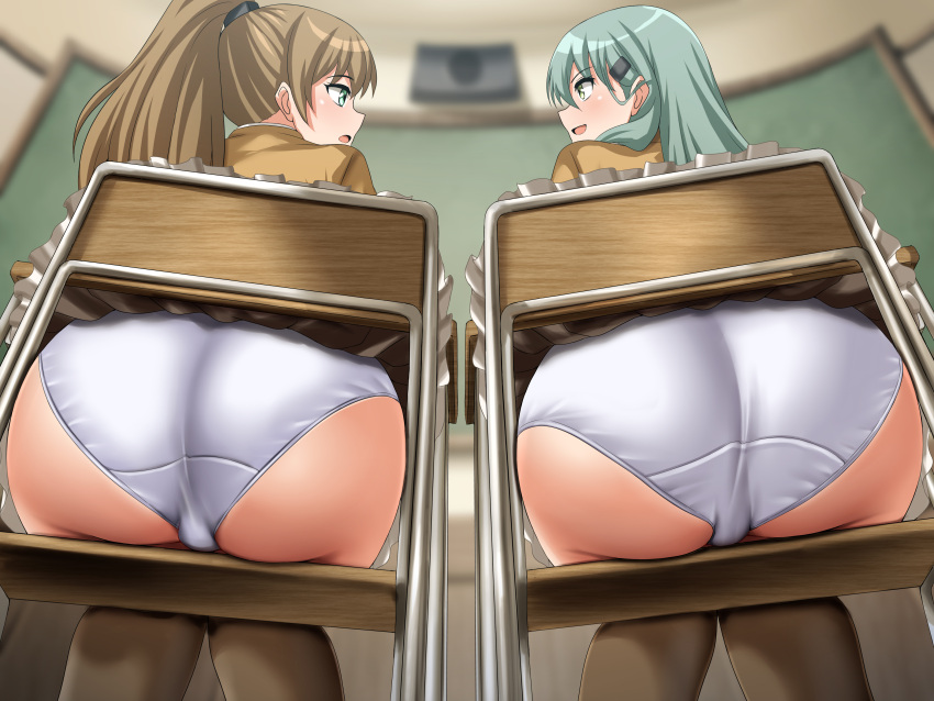 2girls absurdres ass brown_hair brown_skirt brown_thighhighs chair classroom frilled_skirt frills from_behind green_eyes green_hair hair_ornament hairclip highres indoors kantai_collection kumano_(kancolle) kumano_kai_ni_(kancolle) long_hair miniskirt multiple_girls panties ponytail school_chair school_uniform sitting skirt suzuya_(kancolle) suzuya_kai_ni_(kancolle) thighhighs underwear white_panties zanntetu