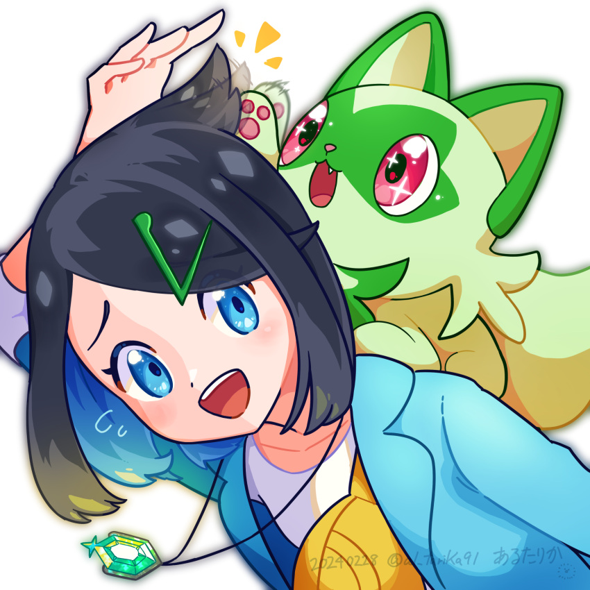 1girl :d afterimage arutarika_(ri_kaoekaki) black_hair blue_eyes commentary_request cowlick dated hair_ornament hairclip happy highres jacket jewelry liko_(pokemon) open_clothes open_jacket open_mouth pendant pokemon pokemon_(anime) pokemon_(creature) pokemon_horizons pokemon_on_back raised_eyebrows shirt smile sprigatito teeth upper_teeth_only white_background white_shirt yellow_bag