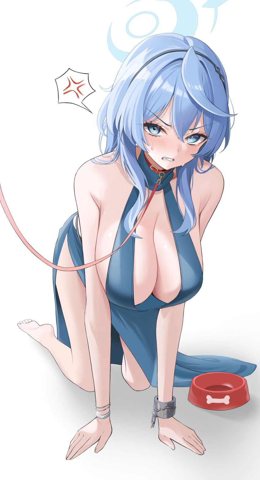 1girl absurdres ako_(blue_archive) ako_(dress)_(blue_archive) all_fours anger_vein animal_collar backless_dress backless_outfit barefoot black_hairband blue_archive blue_dress blue_eyes blue_hair blue_halo blush breasts cleavage clenched_teeth collar commentary cuffs dress guntree hair_between_eyes hairband halo handcuffs highres large_breasts long_hair looking_at_viewer simple_background sleeveless sleeveless_dress soles solo spoken_anger_vein tears teeth toes white_background