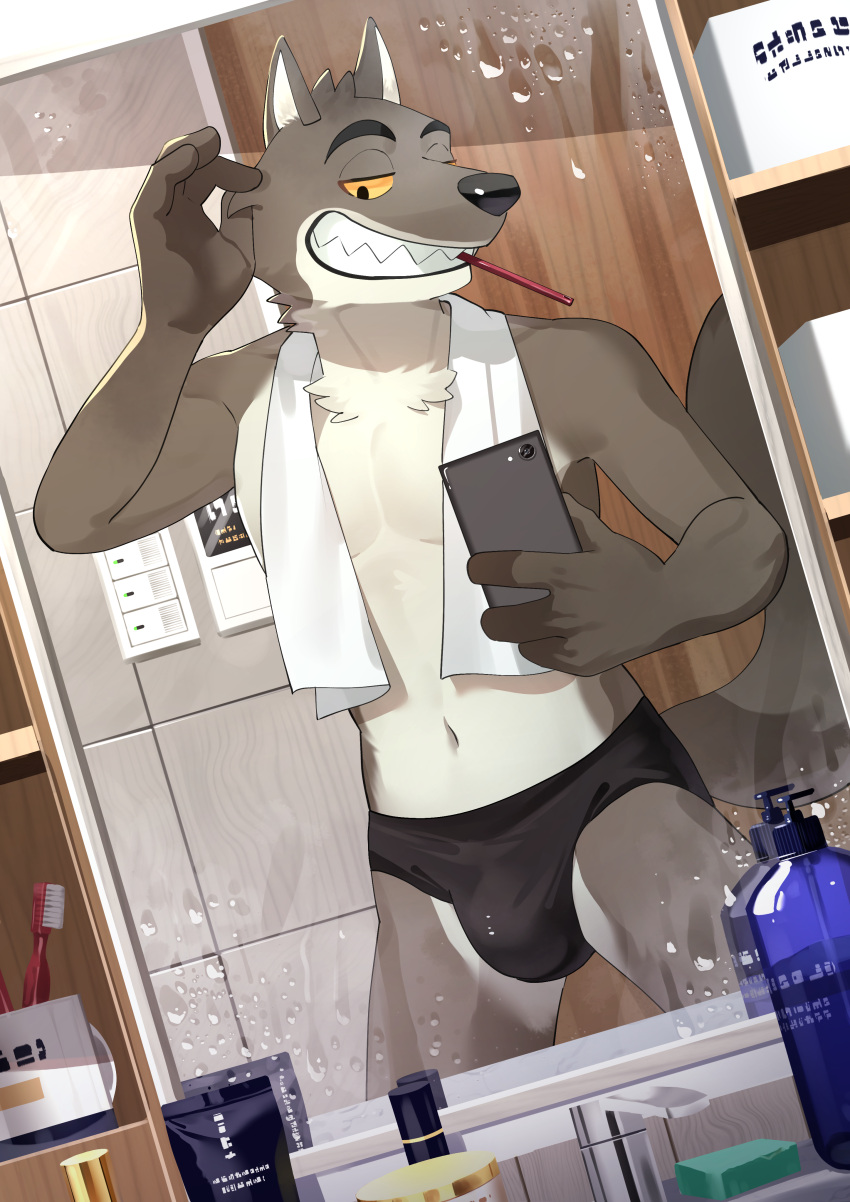2024 absurd_res agitoryuusaki anthro bathroom brown_body brown_fur bulge canid canine canis cellphone clothing dreamworks electronics fur hi_res holding_cellphone holding_object holding_phone holding_smartphone looking_at_mirror looking_at_object male mammal mirror mr._wolf_(the_bad_guys) navel phone selfie smartphone smile solo tail the_bad_guys towel underwear wolf