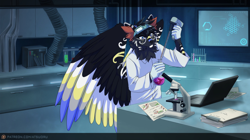 2022 absurd_res anthro arm_markings arms_bent atsuoru back_wings black_body black_feathers black_fur blue_body blue_eyes blue_feathers blue_fur blue_markings canid canine canis cheek_tuft chemicals clipboard clothed clothed_anthro clothed_male clothing coat computer detailed_background dipstick_ears electronics eyewear eyewear_on_head facial_markings facial_tuft feathered_wings feathers florence_flask fur fur_markings gloves goggles goggles_on_head grey_body grey_feathers grey_fur handwear head_markings head_tuft hi_res holding_object hybrid inner_ear_fluff inside lab_coat laboratory laboratory_equipment laboratory_glassware laptop latex latex_clothing latex_gloves latex_handware latex_handwear letterbox light looking_at_object male male_anthro mammal markings microscope monitor multicolored_body multicolored_ears multicolored_eyes multicolored_feathers multicolored_fur multicolored_wings paper paperwork patreon patreon_logo patreon_name pipe purple_eyes red_body red_fur red_inner_ear_fluff ruff scientific_instrument scientist screen sirius_hoshi_skaarsgard solo standing test_tube test_tube_rack text topwear tuft url wall_cabinet white_body white_feathers white_fur white_markings wing_markings wings wolf yellow_body yellow_feathers yellow_fur yellow_markings